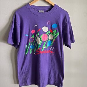 Vintage 90s Oneita Soccer Graphic Tee USA Made Neon Single Stitch L
